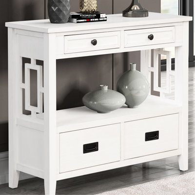 Console de 36 po. Blanc antique. 4 tiroirs et 1 tablette. Fabrication en bois massif. Pour le salon, la chambre à coucher, la table d'entrée en bois de pin. Couloir. Capacité de rangement spacieuse