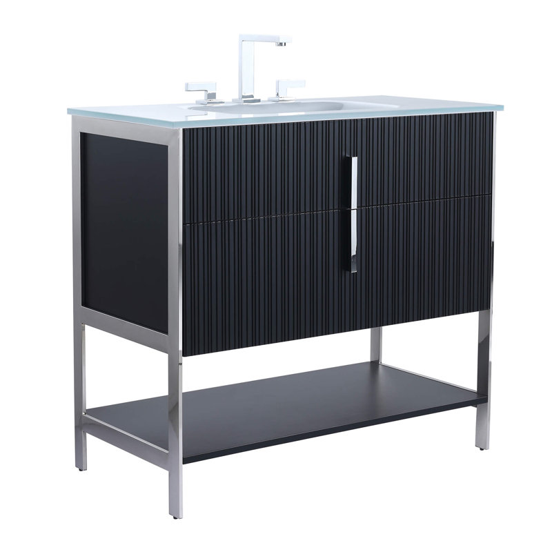 Meuble-lavabo simple avec plateau en verre Millisa, Noir mat, Chrome chrome, 30"