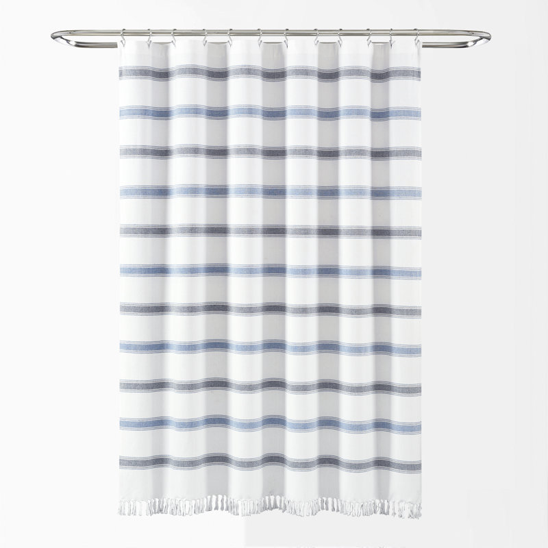Blue and White Striped Cotton Shower Curtain with Tassel Fringe, 72" x 72"