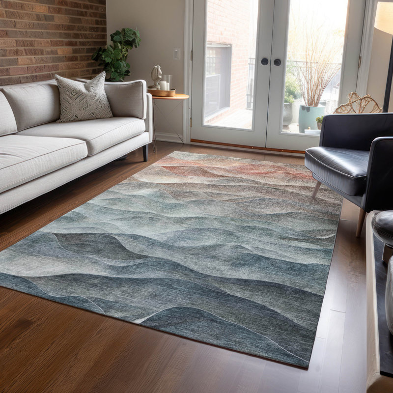 Machine Washable Indoor/Outdoor Claudian ACN1618 Teal Rug, Rectangle 5' x 7'6"