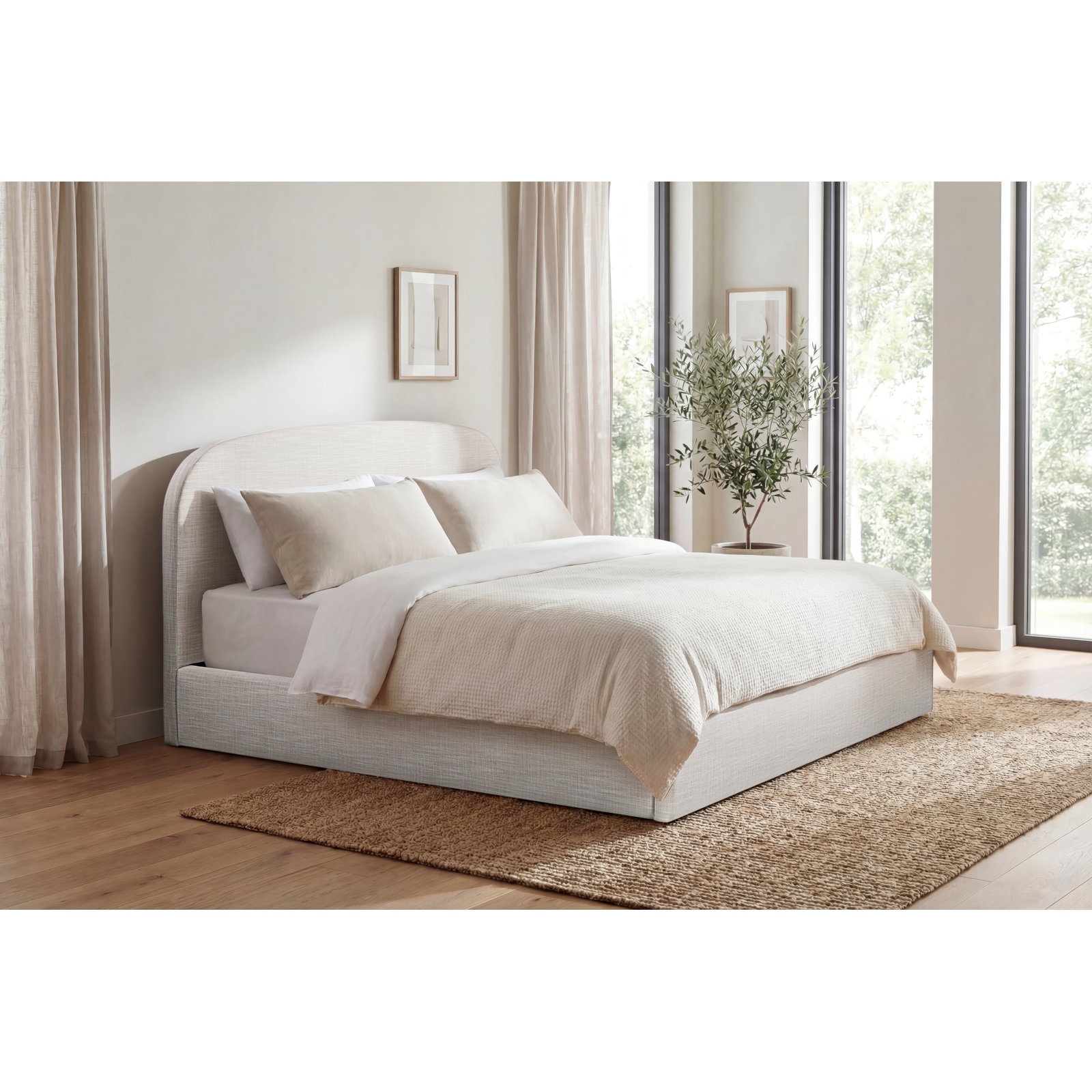 Nordic Upholstered Round Bed, White Linen, Queen