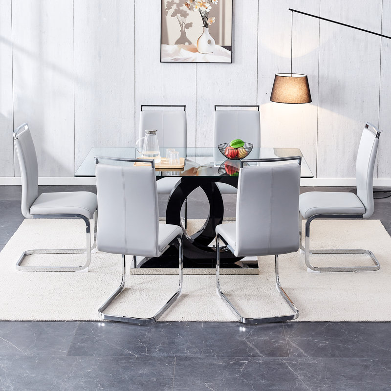 Crystalynn 55 L x 35.4 W Glass Tabletop Dining Table Set, Light Grey