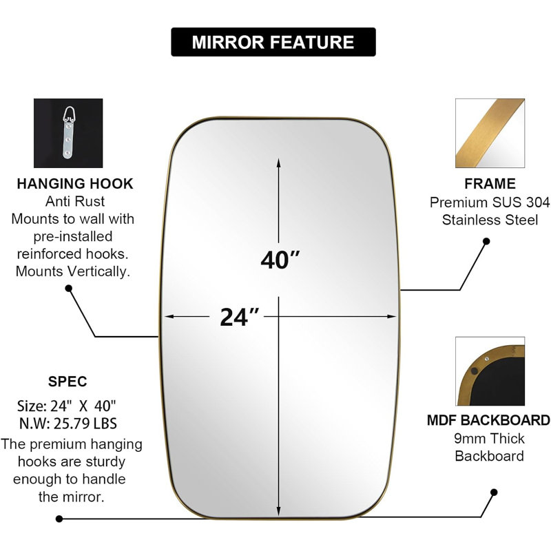 Miroir de salle de bain ovale moderne |  Cadre, 40 po x 24 po, Or brossé