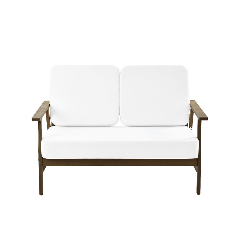 Solid Wood Teak Outdoor Loveseat With Cushion And Arms, BEIGE, BROWN