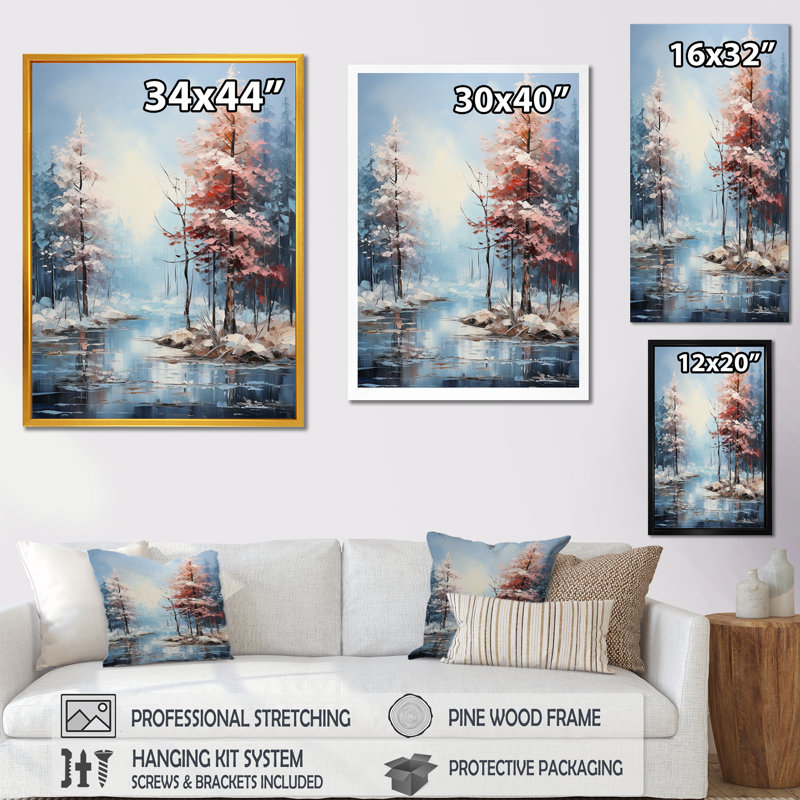 Lac en hiver, forêt, paysage - forêt, art mural, Cadre flottant noir, H 32 po x l 16 po x P 1 po