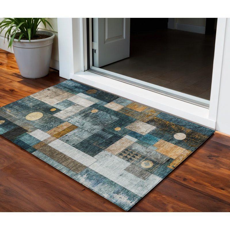 Tapis d'extérieur lavable à motif géométrique bleu sarcelle 3 pi x 5 pi bleu sarcelle et doré
