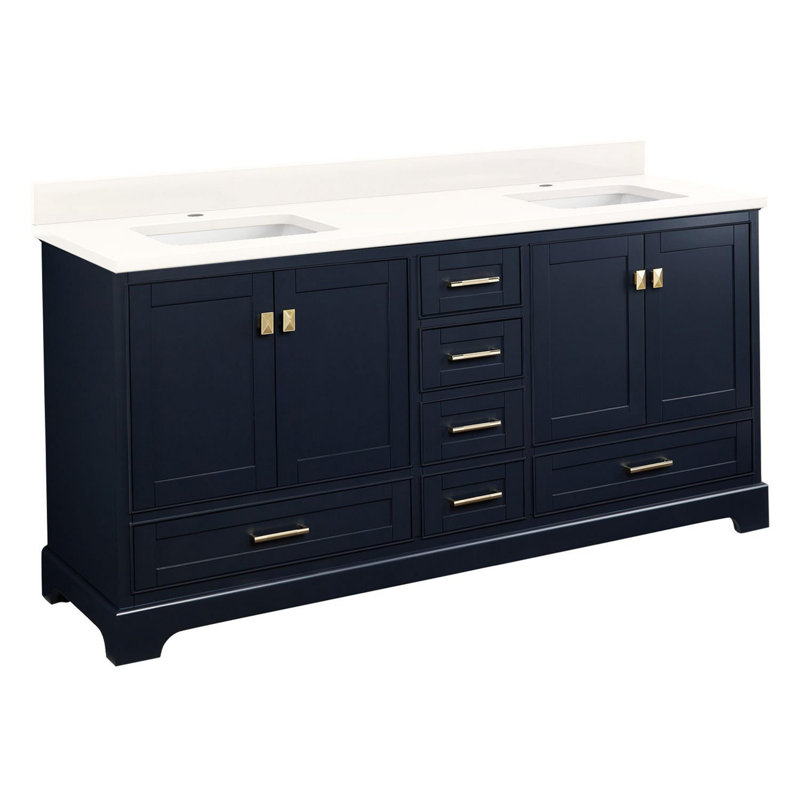 Quen 72" Freestanding Double Basin Vanity Set with Cabinet, Vanity Tops, Midnight Navy Blue, Single-Hole, Arctic White Quartz