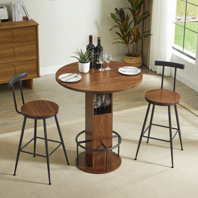 31.5" 3-Piece Round Bar Table And Stool Set With Metal Footrest – Compact Wooden Dining Set For Kitchen, Cafe, Or Small Spaces – Walnut