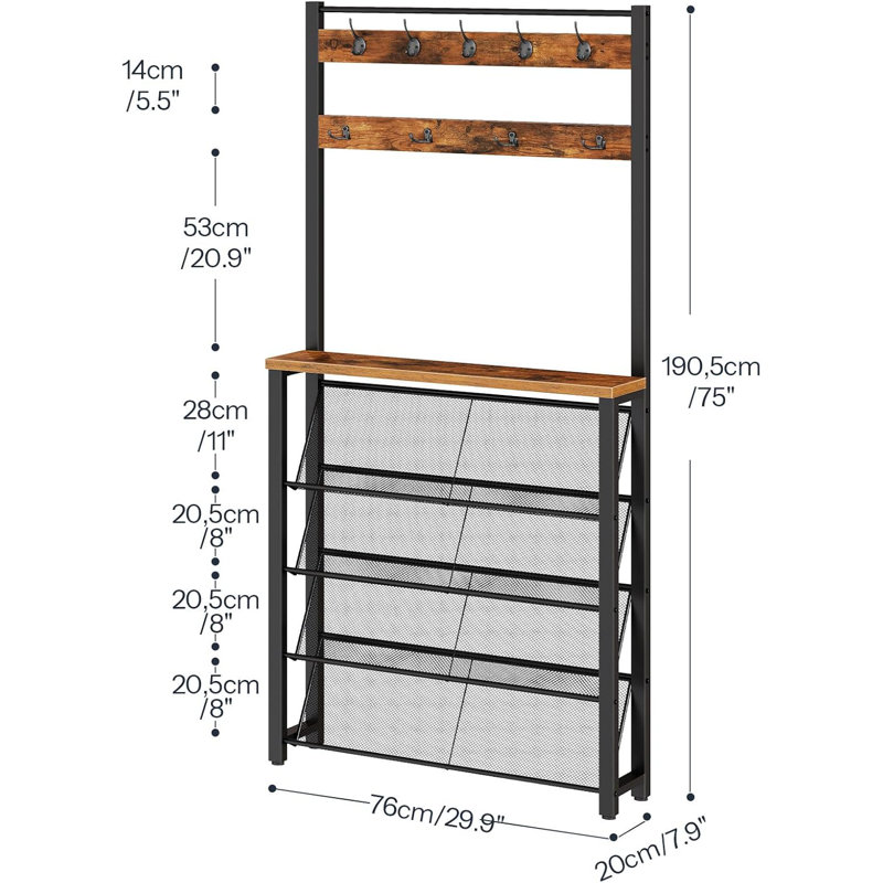 Hall Tree with Bench, Narrow Shoe Rack with Coat Rack, Coat Rack with Shoe Storage