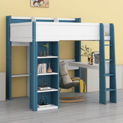 Lit mezzanine en bois avec rangement intégré - tablettes, portemanteaux et bureau inclus