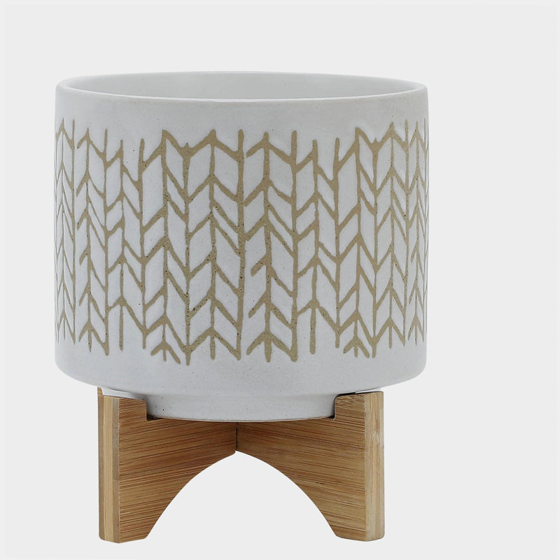 8" CHEVRON PLANTER W/ WOOD STAND, BEIGE