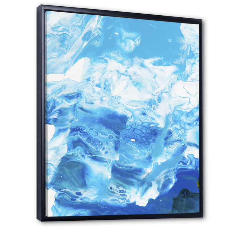 Turquoise luxueux abstrait fluide II - peinture sur toile, H 32 po x l 16 po x P 1 po, Cadre flottant noir