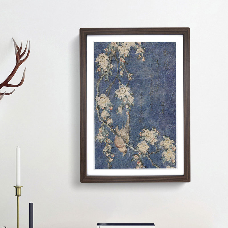 Bullfinch and Weeping Cherry Blossoms by Katsushika Hokusai - Picture Frame Painting Print on MDF, Walnut Framed