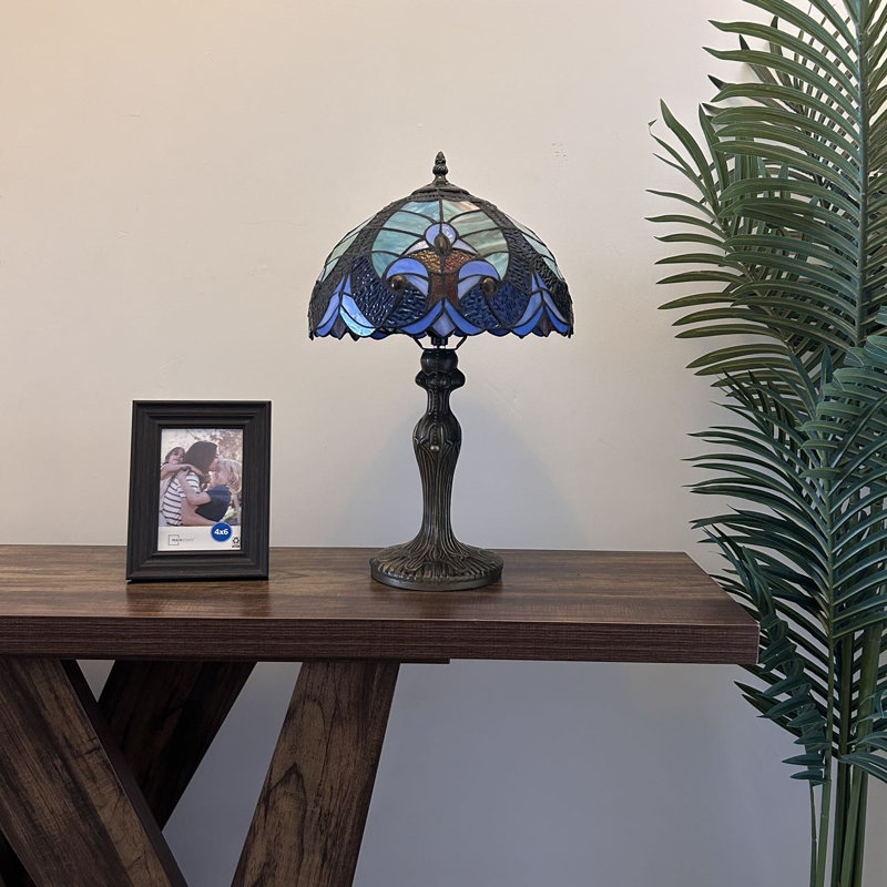 Nioclas Blue and Green Stained Glass Table Lamp with Bronze Base