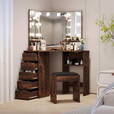 Corner Vanity Desk with Mirror Lights, Stool & USB Ports
