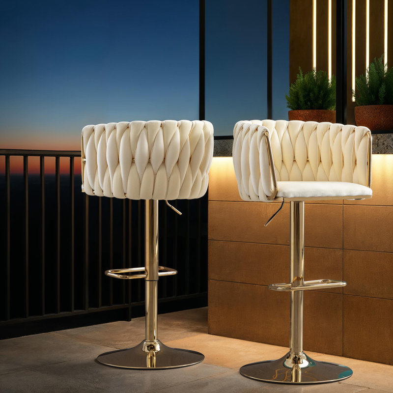 Set of 2 Velvet Upholstery Bar Stools – Chrome Footrest, Swivel, Height Adjustable Design for Kitchen or Bar, Ivory