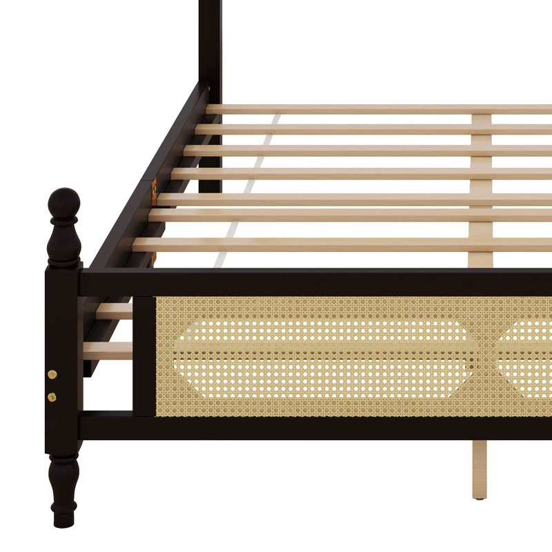 Base de lit en bois avec tête de lit en rotin, Espresso, Grand