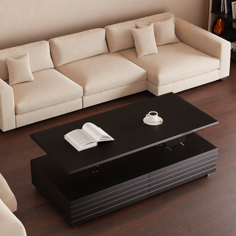 Modern Rectangular Coffee Table With Led Lights, 2 Drawers And Open Storage Shelf, Black
