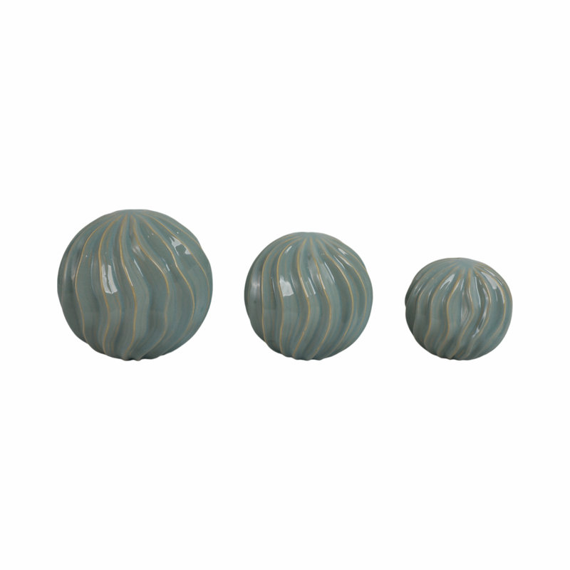 Set Of 3 Ceramic Orbs With Wavy Design – Modern Decorative Accents For Home & Office