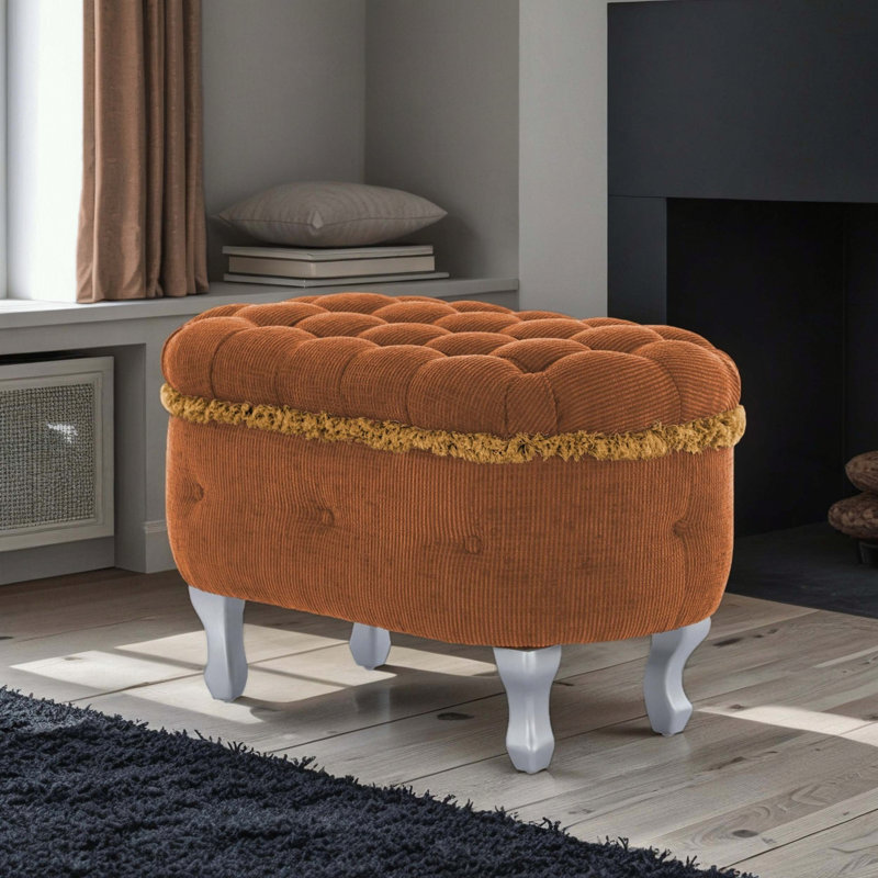 Banc de rangement capitonné avec bordure à pampilles et pieds en métal, Orange