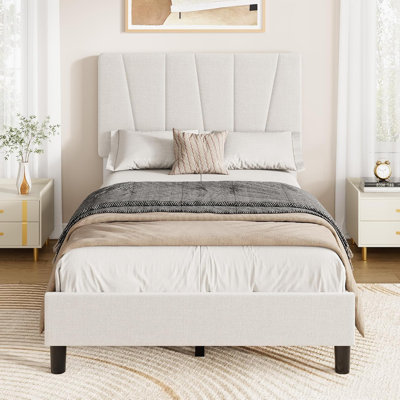 Twin XL Upholstered Platform Bed Frame with Adjustable Headboard, Geometric Wingback