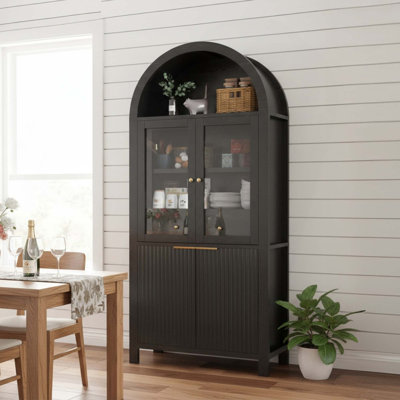 Grand garde-manger arqué cannelé de 71 po avec tablettes réglables, rangement élégant avec tiroir caché et porte vitrée