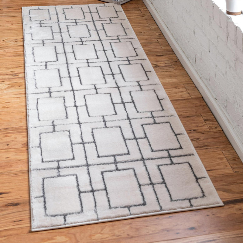 Tapis de style glam à motif géométrique blanc et argenté Glam, Tapis de couloir 2 pi 7 po x 12 pi