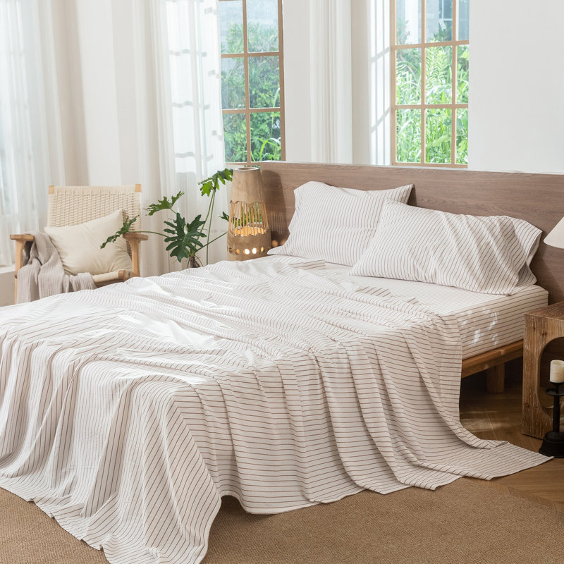 Ensemble de draps 100% coton lavé MooMee, Ensemble de draps pour grand lit avec 2 taies d'or