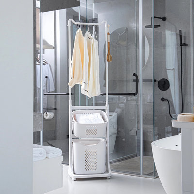 2-Tier Laundry Hamper Sorter With Hanging Bar, Rolling Laundry Baskets With Wheels Removable, Stackable Laundry Cart Organizer And Storage For Small Space, Dorm, Closet, Bathroom
