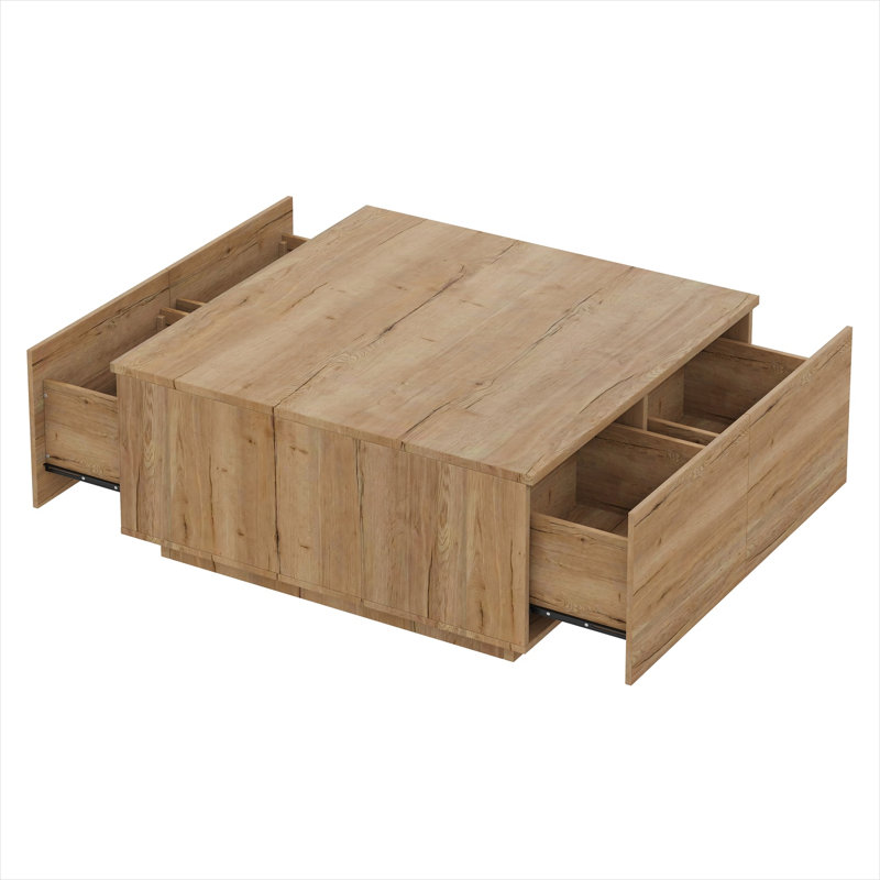 Table basse avec rangement à 4 tiroirs, carré 33,25 po, bois d'ingénierie, finition naturelle