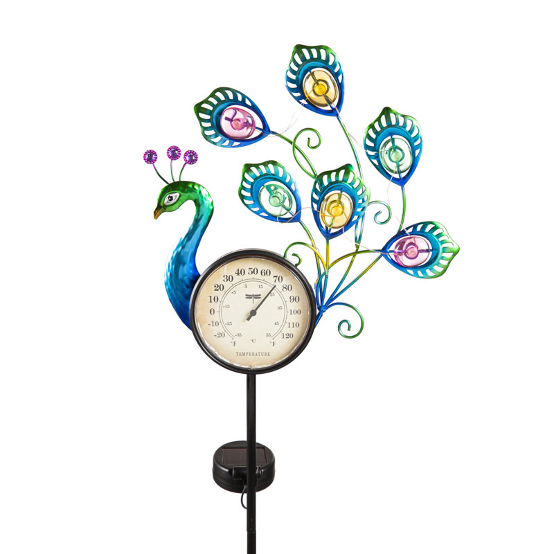 Piquet de jardin solaire à thermomètre de paon