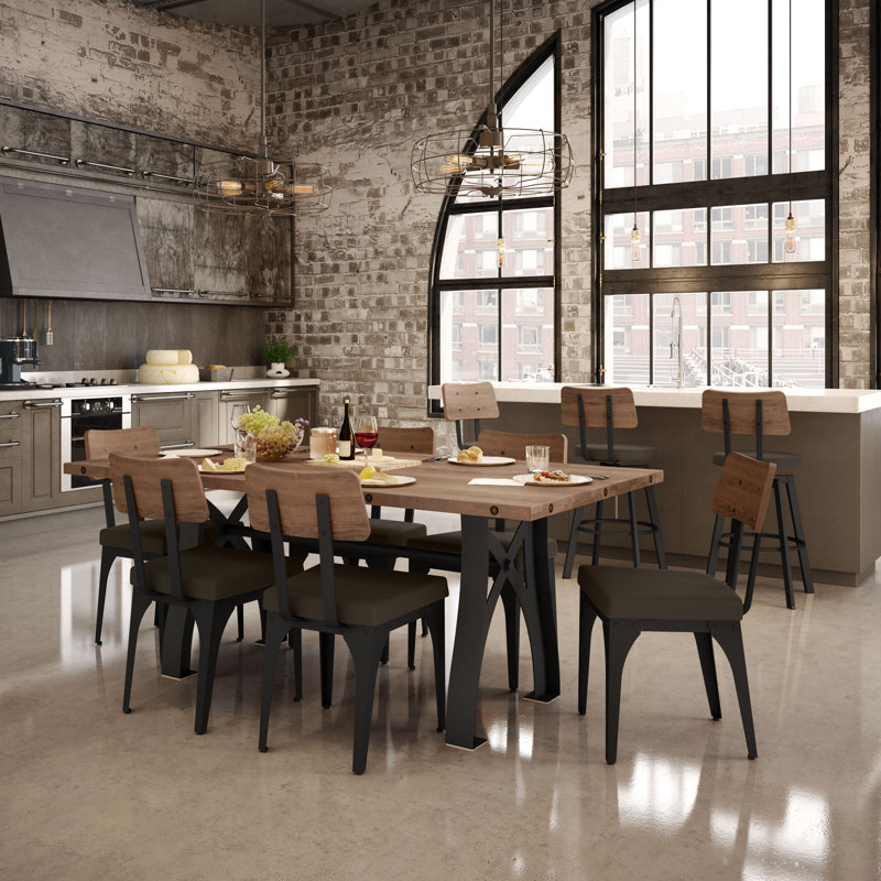 Lyerly Upholstered Dining Chair (Set of 2) with wooden backrest, Brown/Grey, Matte Black