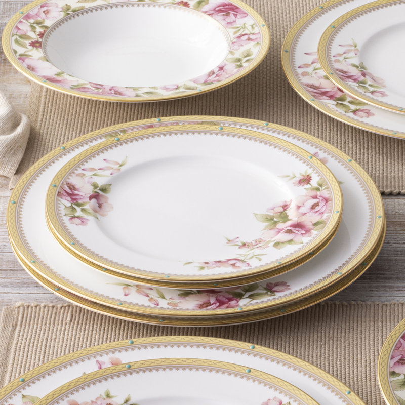 Floral Gold Trim Porcelain Entree Plates, Set of 4