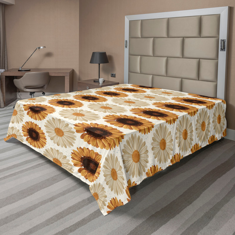 Ambesonne Autumn Flat Sheet Sunflowers Daisies Print Orange Off White, California King Flat Sheet