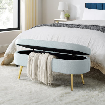 Cyan Flannel Oval Storage Ottoman Bench with Metal Legs