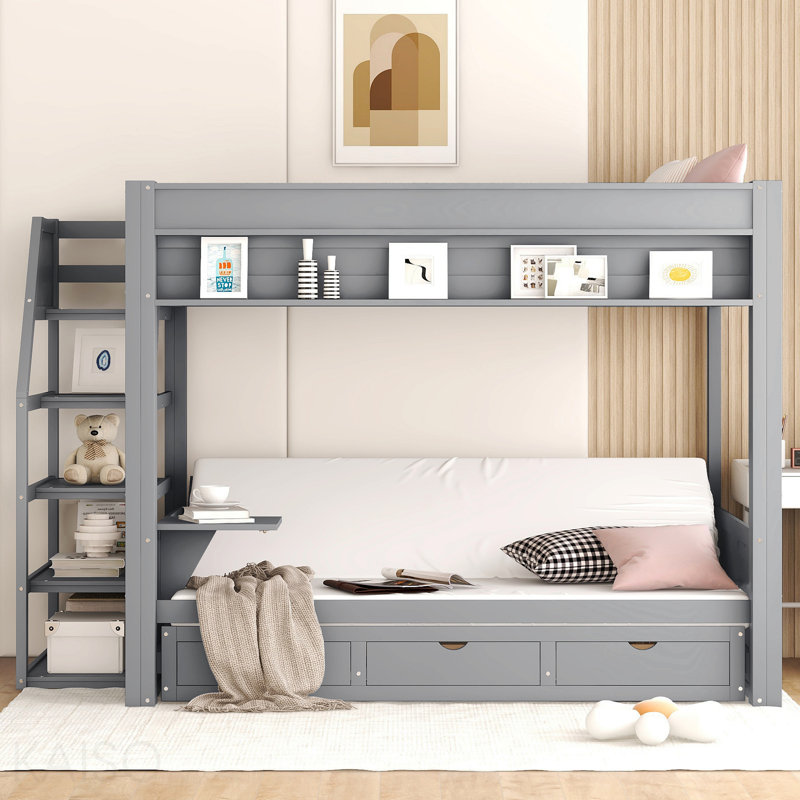 Lit superposé convertible en bois pleine grandeur avec escalier de rangement, table de chevet et 3 tiroirs, gris