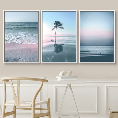 Beach And Plants " Pastel Pink Tropical Island Beach Horizon Coastal Nautical Photography Modern Art Seascape Relax " 3 Piece Art Print