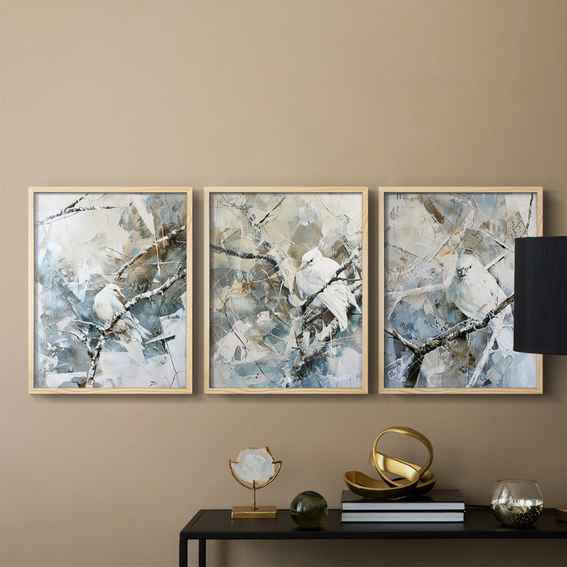 Aviary Study  Series  XIII  -Set Of 3 Framed Giclee Prints -Ready to Hang, Natural Framed, 14" H x 11" W