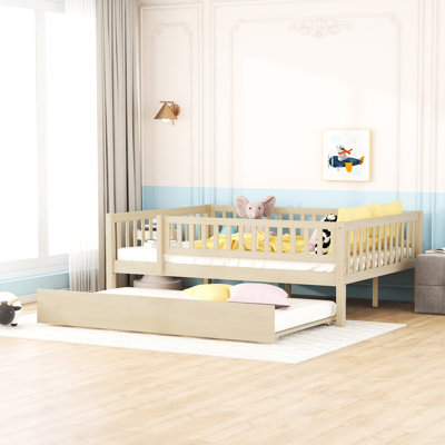 Full Size Wood Daybed With Trundle And Protective Fence Guardrails - Natural. Ensures A Relaxing Rest. Space. No Box Spring Natural Reliable Size. Comfy Stable. Necessary. Simple Assembly Process