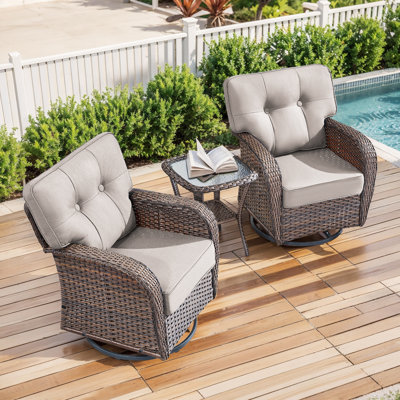 Nikole 2-Person Swivel Wicker Rattan Seating Group With Cushions And Side Table