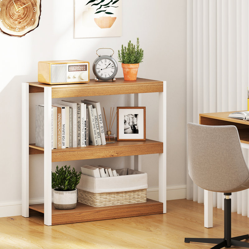 3 Tier Bookshelf Wooden Bookcase w/ Dual Anti-Tipping Kits Open Shelving Unit, Natural/White