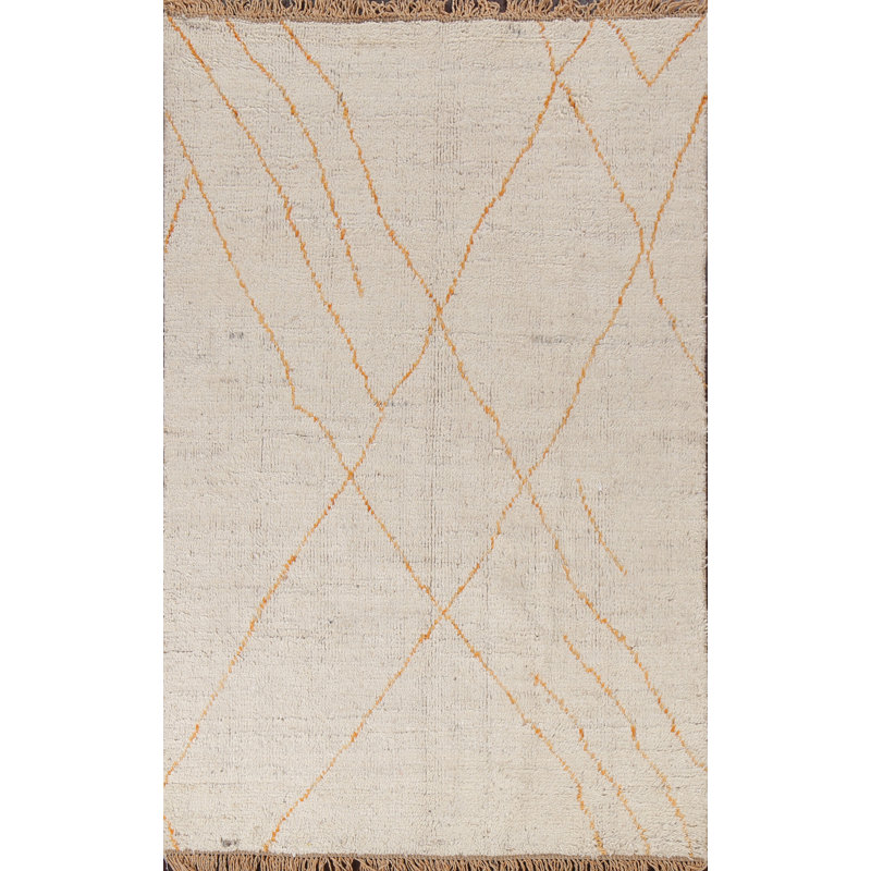 Tapis ivoire en laine noué à la main de conception unique 5 pi 3 po x 8 pi 7 po