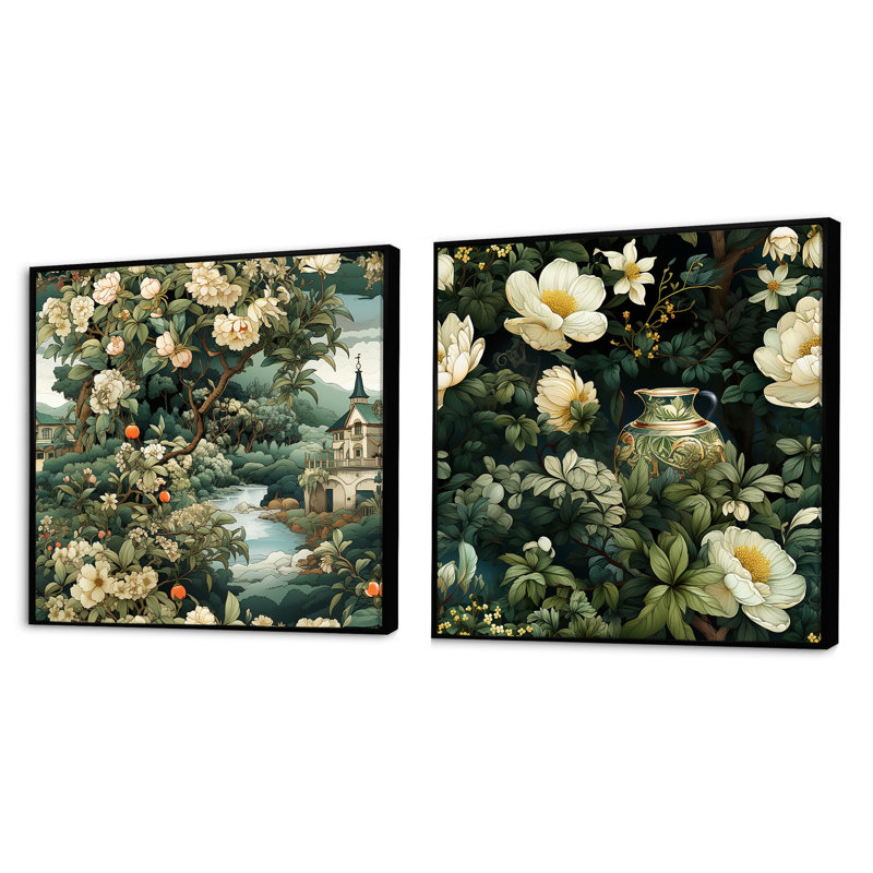 Enchanted Garden Scenes - motif victorien - ensemble de collage floral carré de 2, Cadre flottant noir, H 16 po x l 33 po