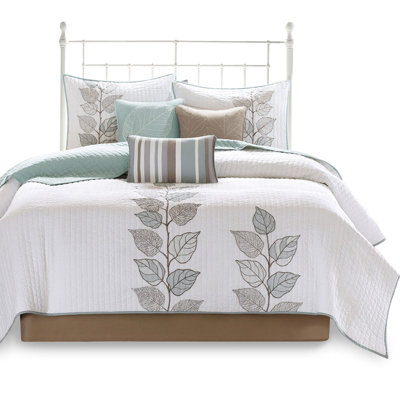 6 Piece Blue King/ King Quilt With Embroidered Pillows, Floral Microfiber, Reversible To , Classic Leaf Embroidery