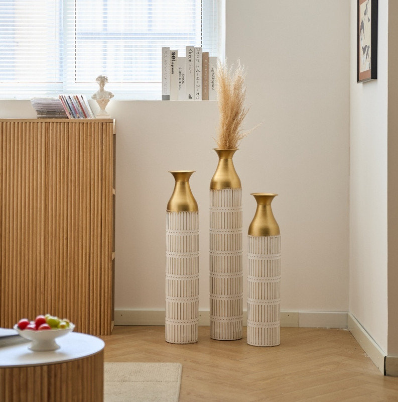 3 grands vases de plancher en métal glacé blanc 3 pièces - Superbe décor pour le salon
