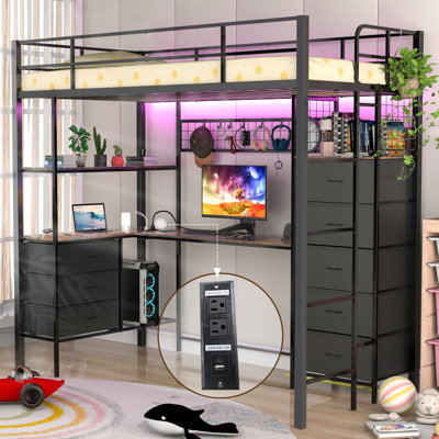 Loft Bed with L-Shaped Desk & RGB LED Lights, Built-in Power Outlets & USB Ports, 8 Storage Drawers & Shelves, Security Guardrail for Teens & Adults, Space-Saving Study Gaming Bed Frame for Bedroom