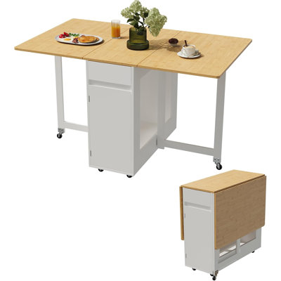 Table de salle à manger pliante 3-en-1 avec tiroir de rangement et tablettes, table rabattable sur 6 roulettes verrouillables, chariot de cuisine compact pour les petits espaces