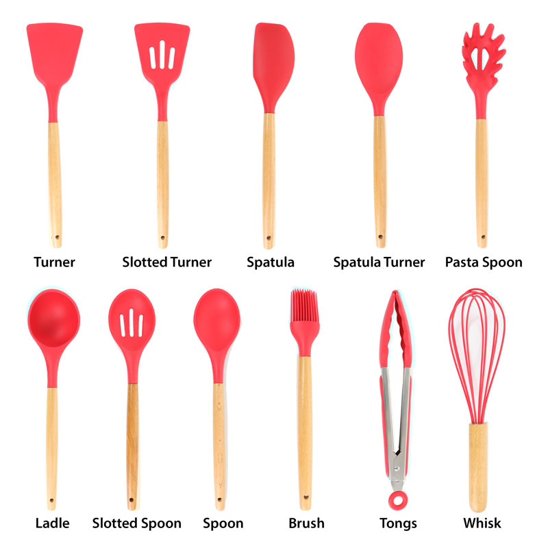 Red Silicone and Wood 12-Piece Cooking Utensil Set