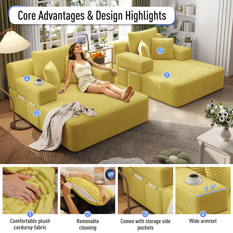 Ensemble de chaise longue surdimensionnée 2 pièces, Tissu jaune