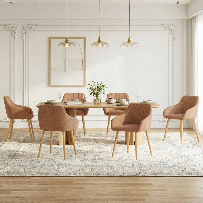 49.5cm H Upholstered Dining Chairs With Wooden Legs, 6, Camel Chenille/Natural